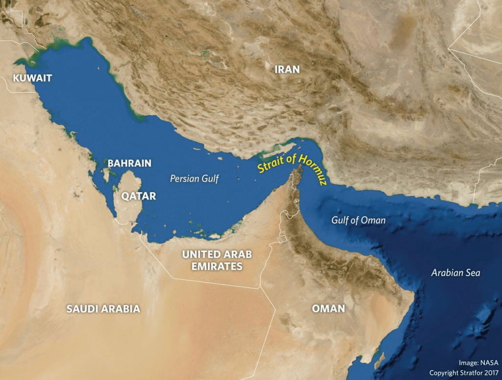 The Persian Gulf and the narrow straights of Hormuz - vital waterways that have been the site of repeated alleged Iranian attacks on shipping in recent weeks