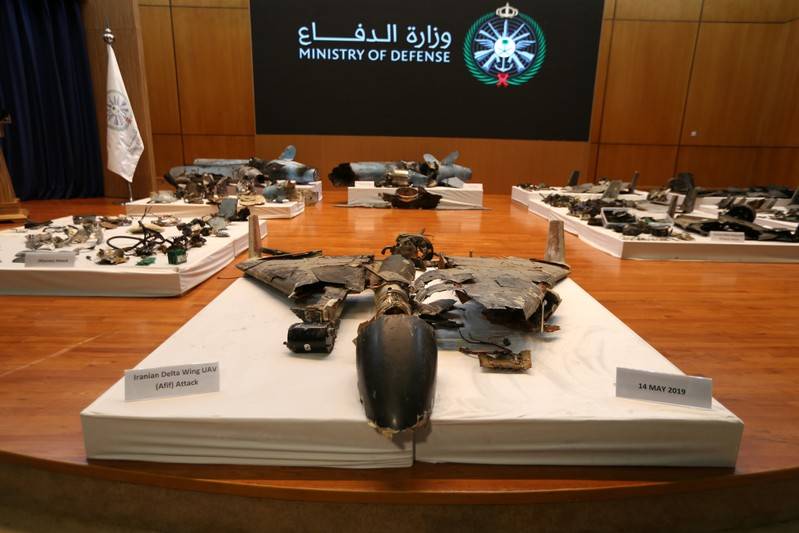 Remnants of the missiles and drones allegedly used to conduct the Aramco attacks displayed at a news conference by the Saudi Defence Ministry (REUTERS/Hamad I Mohammed)
