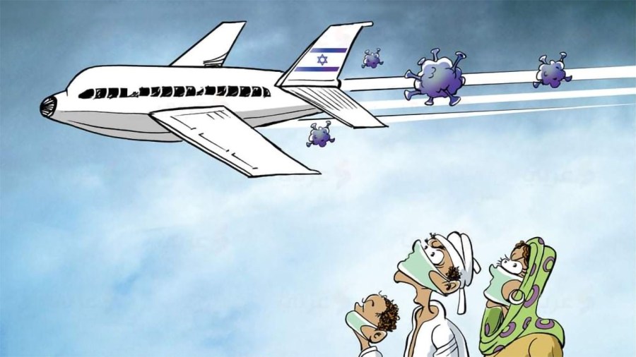 An antisemitic cartoon blaming Israel for spreading coronavirus