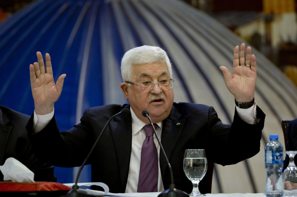 Palestinian President Mahmoud Abbas speaks after a meeting of the Palestinian leadership in the West Bank city of Ramallah. Tuesday, Jan. 22, 2020. (AP Photo/Majdi Mohammed)