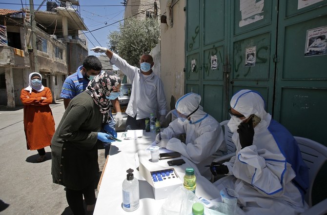 Medical workers affiliated with the Palestinian health ministry collect samples to test for the Covid-19 coronavirus in a mobile position in al-Azza Refugee Camp in the West Bank city of Bethlehem, on June 24, 2020 (Photo by Musa Al SHAER / AFP)