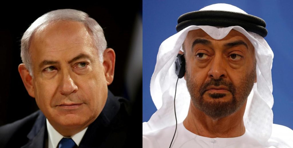 Abu Dhabi Crown Prince Mohammed bin Zayed, right, and Israeli Prime Minister Benjamin Netanyahu (AFP)