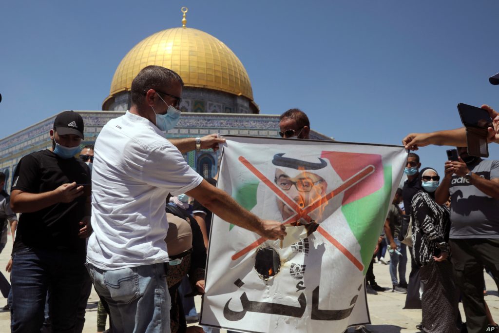 Palestinians demonstrate against the UAE and its de facto leader, Crown Prince Mohammed Bin Zayed, at Jerusalem’s Temple Mount