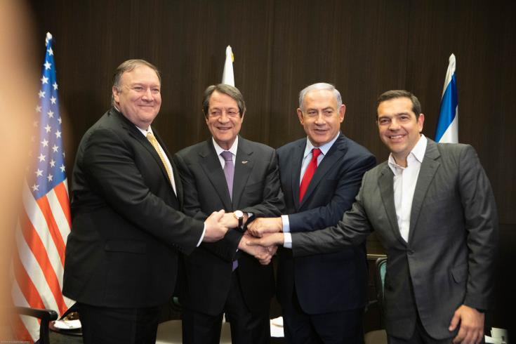 6th Israel-Cyprus-Greece trilateral in Jerusalem, March 2019 (Right to Left: US Secretary of State Mike Pompeo; Cypriot President Nicos Anastasiades; Israeli Prime Minister Binyamin Netanyahu; former Greek Prime Minister Alexis Tsipras)