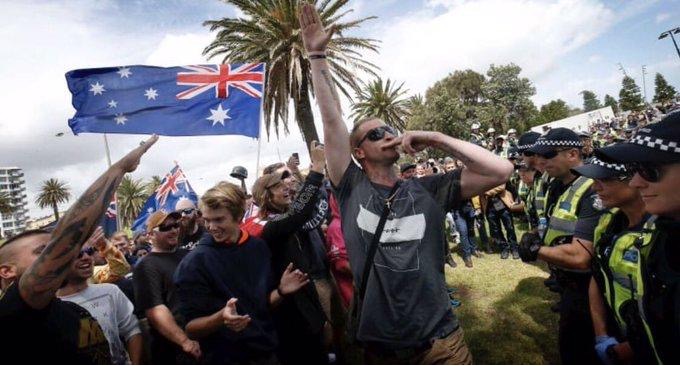 Far-right extremists at a rally in Melbourne in 2019. (Image: @cjwerleman)