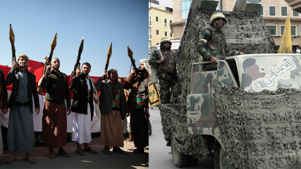 Houthi (left) and Hezbollah forces (Credits: Maad Ali/ZUMA Wire/Alamy Live News/Shutterstock)