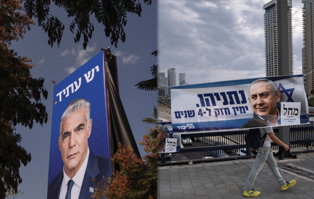 Posters for leading party candidates Yair Lapid  and Binyamin Netanyahu on display as Israel nears its national election (Images: Oded Balilty/AAP)