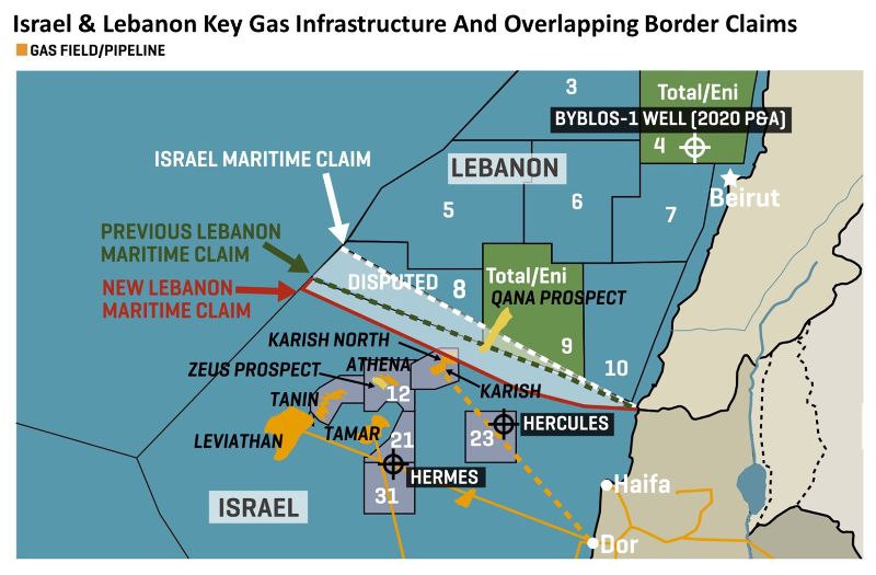 The complex Israel-Lebanon maritime boundary dispute appears to have been settled after many years of negotiations, with Israel accepting the green line in the above diagram, except within five kilometres of the coast (This map was originally published on the MEES website). 