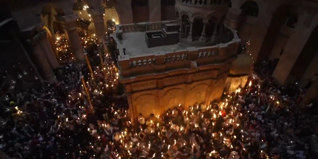 Screenshot from a video of the Holy Fire ceremony at the Church of the Holy Sepulchre on April 15, 2023 (Credit: Twitter)