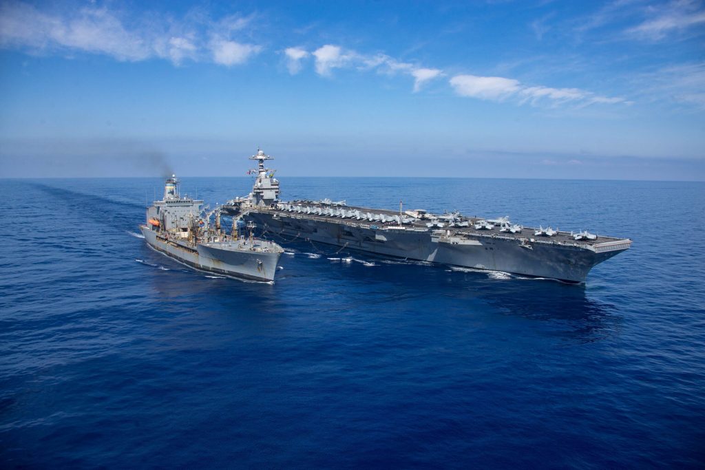 The world’s largest aircraft carrier USS Gerald R. Ford steams alongside USNS Laramie during a fueling-at-sea in the eastern Mediterranean Sea on October 11, 2023 (Image: US Navy)