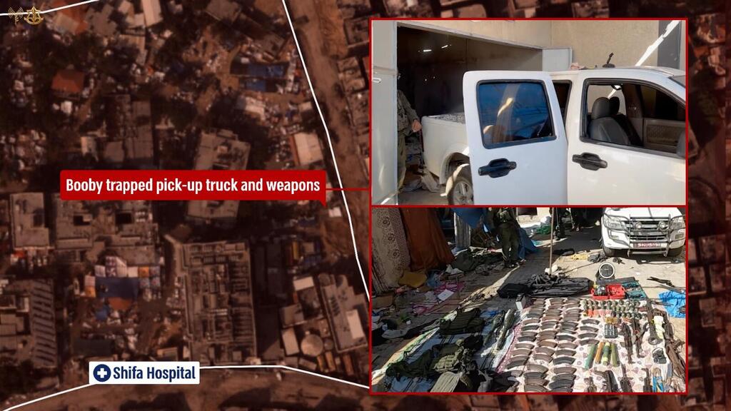 Booby-trapped pickup truck loaded with weapons found beside a terror tunnel in Gaza City’s Al-Shifa Hospital complex (Image: IDF)