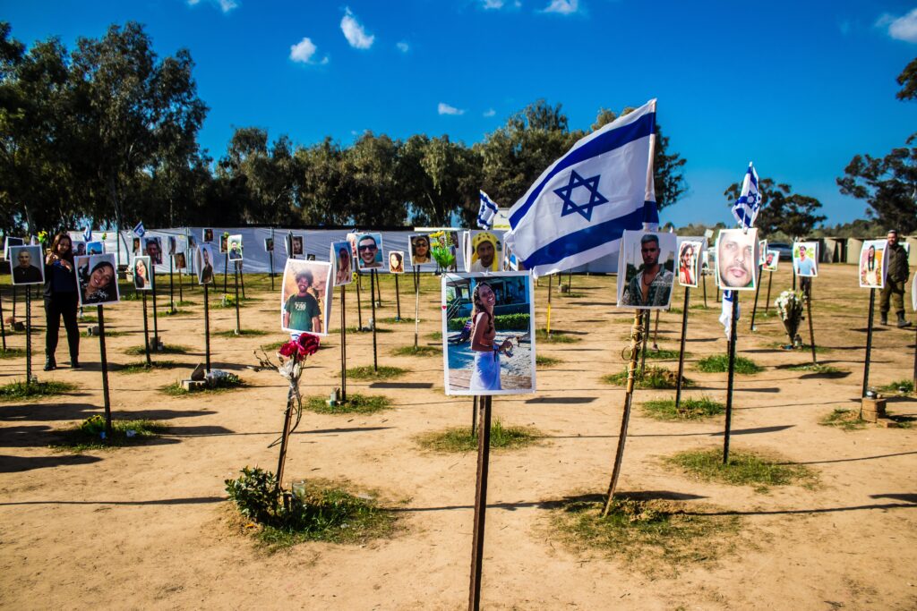 Memorial composed of photos of young Israelis killed during the terrorist attack on the NOVA Festival which took place on October 7, 2023 a few kilometers from Gaza (Image: Jose Hernandez/ Camera 51/ Shutterstock)