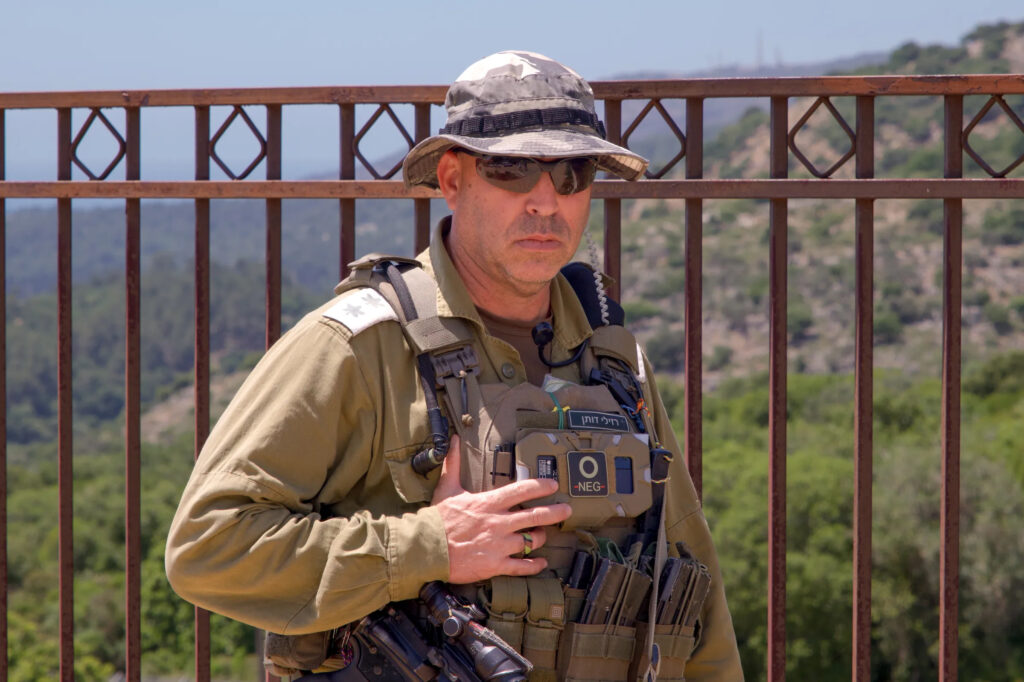 IDF Lt. Col. Dotan Razili, a home front brigade commander, guarding the evacuated northern community of Kibbutz Eilon (Image: Charlotte Lawson)