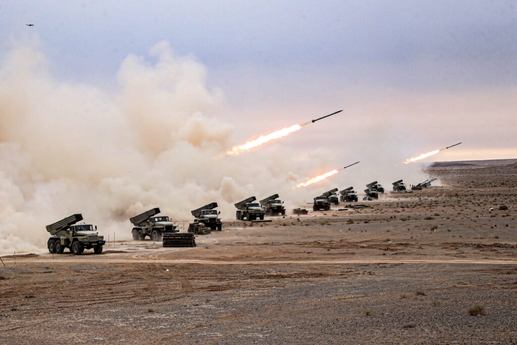 A handout photo from the Iranian Army office shows missiles launching during a military drill in Nasr Abad area, Isfahan province, central Iran, 28 October 2023. (Image: EPA/ Iranian Army Office)