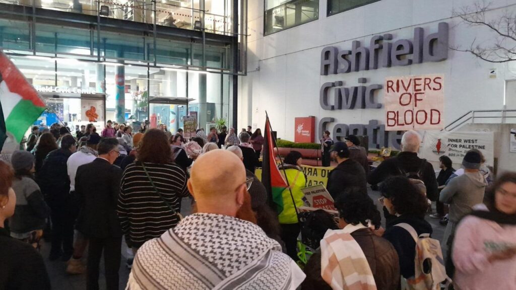 A Greens-led pro-Palestine protest led to the police being called to a council meeting in Sydney after a motion to boycott Israel was rejected (Image: GreenLeftOnline/X)