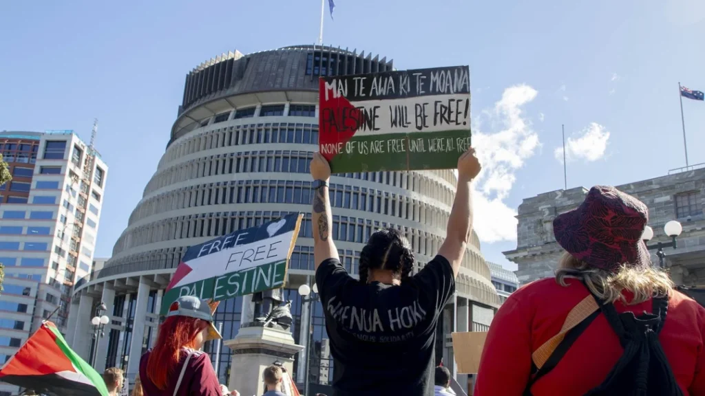 Pro-Palestinian protesters outside the New Zealand parliament in Wellington (Image: Reddit)