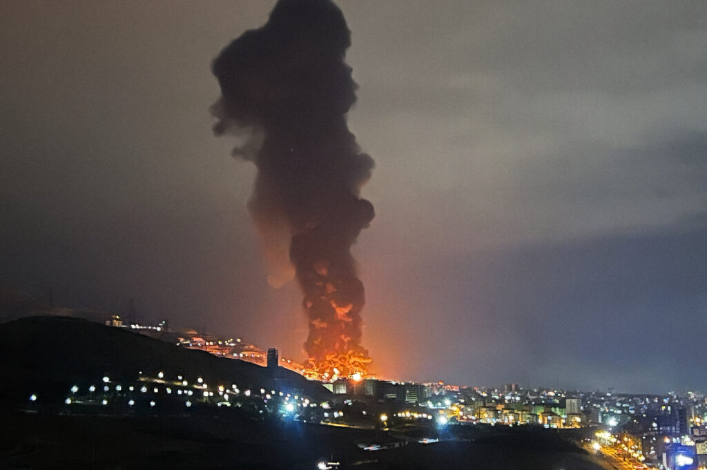 Shahran oil depot in Teheran, one of Iran's largest fuel storage facilities, engulfed in massive flames following US-Israel joint strikes, March 8, 2026. (Image: Salampix/ABACAPRESS.COM/via AAP)