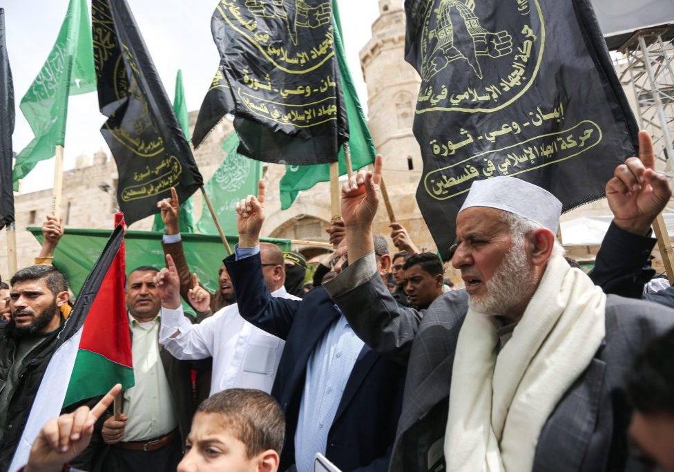 Supporters of Hamas and Islamic Jihad gather in Khan Yunis, Gaza, on April 8 to celebrate the attack on a Tel Aviv bar by Raad Hazem (Photo: ZUMA Press, Inc. / Alamy Stock Photo)