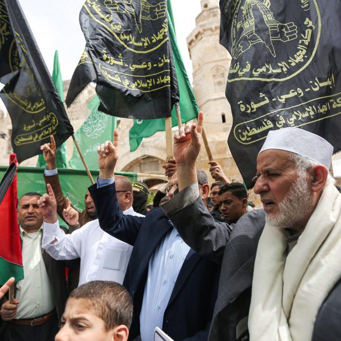 Supporters of Hamas and Islamic Jihad gather in Khan Yunis, Gaza, on April 8 to celebrate the attack on a Tel Aviv bar by Raad Hazem (Photo: ZUMA Press, Inc. / Alamy Stock Photo)