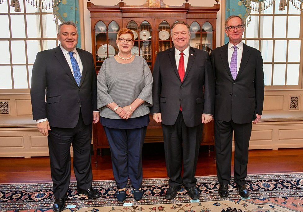 The cornerstone of the Greens' foreign policy is to resist "blindly" supporting the US. Pictured: US Ambassador Joe Hockey, Australian Foreign Minister Marise Payne, US Secretary of State Mike Pompeo, US Ambassador to Australia Arthur Culvahouse.
