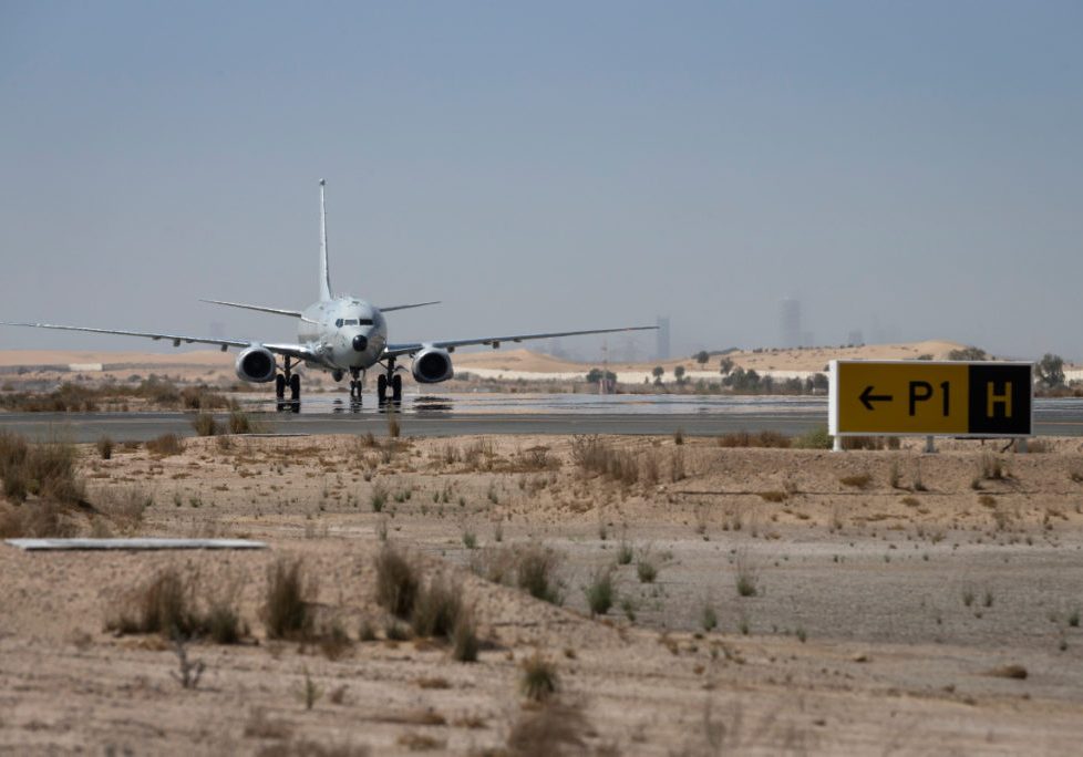 A RAAF P-8A Poseidon aircraft taxi's down the tarmac after landing at the ADF's main operating base in the Middle East region.