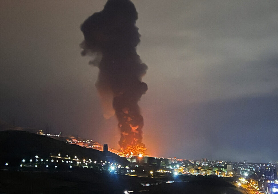 Shahran oil depot in Teheran, one of Iran's largest fuel storage facilities, engulfed in massive flames following US-Israel joint strikes, March 8, 2026. (Image: Salampix/ABACAPRESS.COM/via AAP)