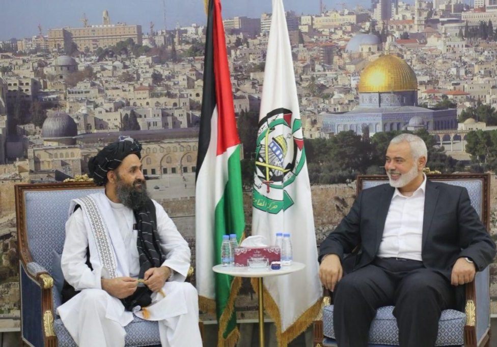 Taliban leader Mullah Abdul Ghani Baradar (left) with Hamas politburo chief Ismail Haniyeh in Doha, Qatar (Source: Facebook/info.Hamas.ps)
