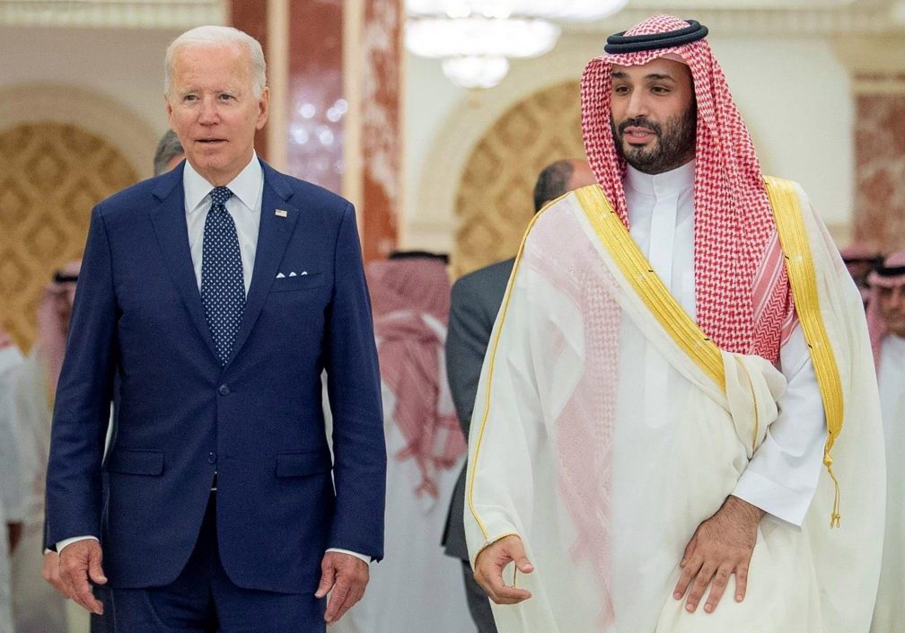 Saudi Crown Prince Mohammed bin Salman (R) receiving US President Joe Biden, at al-Salman Palace in the Red Sea coastal city of Jeddah on Friday, July 15, 2022. (Image: Saudi press Agency/UPI/Alamy Live News)