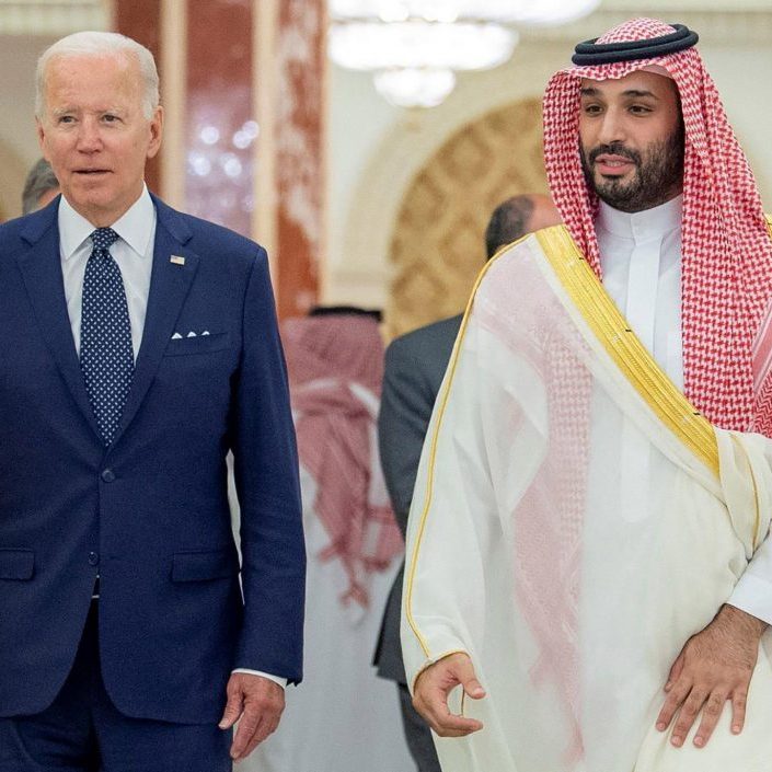 Saudi Crown Prince Mohammed bin Salman (R) receiving US President Joe Biden, at al-Salman Palace in the Red Sea coastal city of Jeddah on Friday, July 15, 2022. (Image: Saudi press Agency/UPI/Alamy Live News)