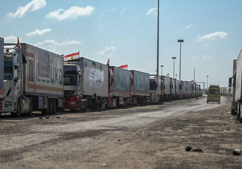 Trucks line up to enter Gaza: Before the current war, some 500 a day entered Gaza – hardly a “siege” (Image: Sayed Hassan/Alamy Live News) 