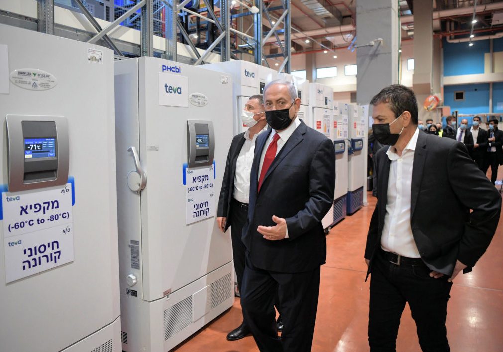 Netanyahu visiting a coronavirus vaccine storage centre: The PM is hoping the Israel’s successful vaccine program will boost his political fortunes (Credit: Kobi Gideon / GPO) 