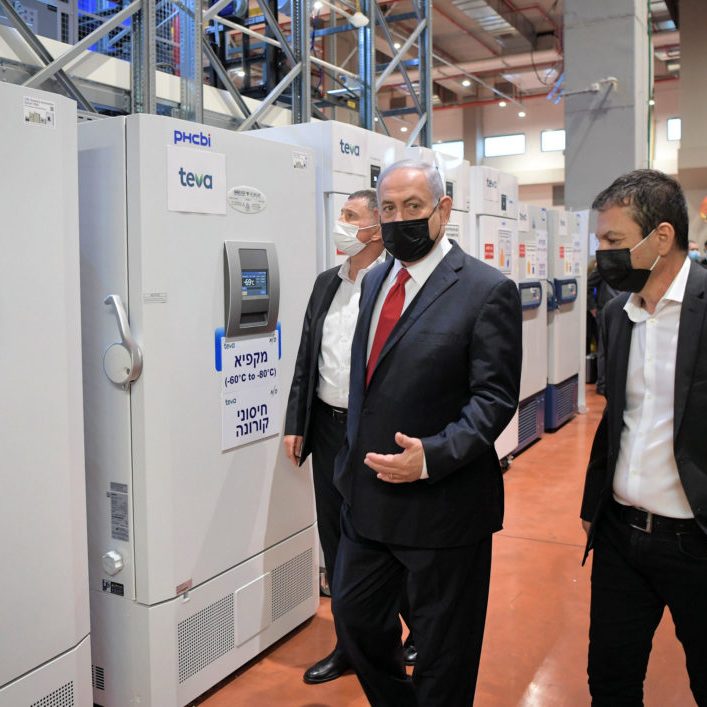Netanyahu visiting a coronavirus vaccine storage centre: The PM is hoping the Israel’s successful vaccine program will boost his political fortunes (Credit: Kobi Gideon / GPO) 