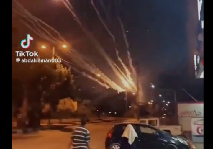 Screenshot from a tiktok video showing Palestinian Islamic Jihad rockets being launched at Israel from amidst civilians in a heavily populated area of Gaza
