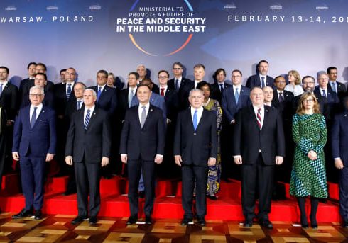 Participants pose for a photo at the Middle East conference at the Royal Castle in Warsaw, Poland, February 13, 2019.  (Credit: Kacper Pempel/Reuters)