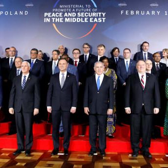 Participants pose for a photo at the Middle East conference at the Royal Castle in Warsaw, Poland, February 13, 2019.  (Credit: Kacper Pempel/Reuters)