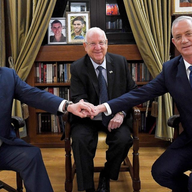 Gantz (right) and Netanyahu (left) have been discussing a unity government at the request of President Rivlin (centre) over the past three inconclusive elections in Israel - but have not succeeded in reaching a deal until now.