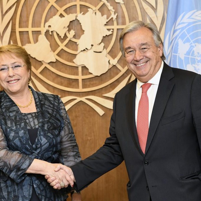 UN Secretary General Antonio Guterres with newly appointed UN Human Rights Commissioner Michelle Bachelet.