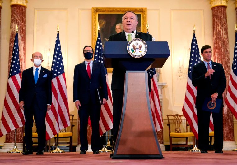 US Secretary of State Mike Pompeo speaks during a news conference to announce the Trump Administration's restoration of sanctions on Iran at the State Department in Washington on Sept. 21. (PATRICK SEMANSKY / POOL / AFP VIA GETTY IMAGES)
