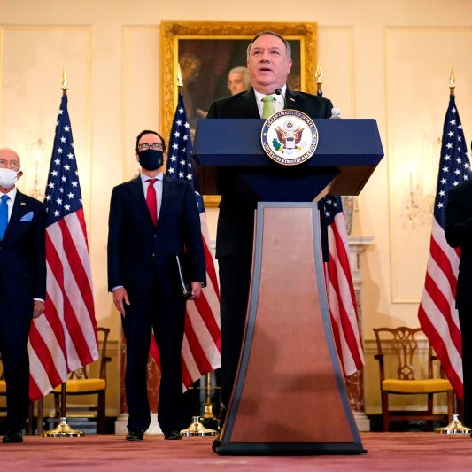 US Secretary of State Mike Pompeo speaks during a news conference to announce the Trump Administration's restoration of sanctions on Iran at the State Department in Washington on Sept. 21. (PATRICK SEMANSKY / POOL / AFP VIA GETTY IMAGES)