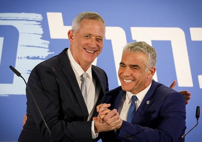 Benny Gantz and Yair Lapid of the new Blue and White Party at a joint a statement in Tel Aviv on Feb. 21, 2019. (Credit: Noam Revkin Fenton/Flash90.)