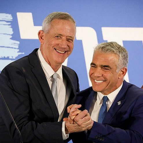Benny Gantz and Yair Lapid of the new Blue and White Party at a joint a statement in Tel Aviv on Feb. 21, 2019. (Credit: Noam Revkin Fenton/Flash90.)