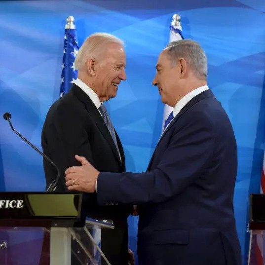 Then US Vice President Joe Biden (L) shakes hands with Israeli Prime Minister Benjamin Netanyahu as they deliver joint statements during their meeting in Jerusalem March 9, 2016 (photo credit: REUTERS/DEBBIE HILL)