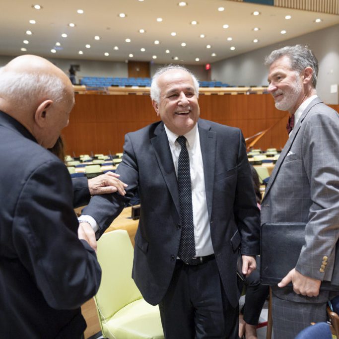 Riyad Mansour (centre), Permanent Observer of the State of Palestine to the United Nations, meeting with Peter Mulrean (right), UNRWA director at the recent UN General Assembly meeting.