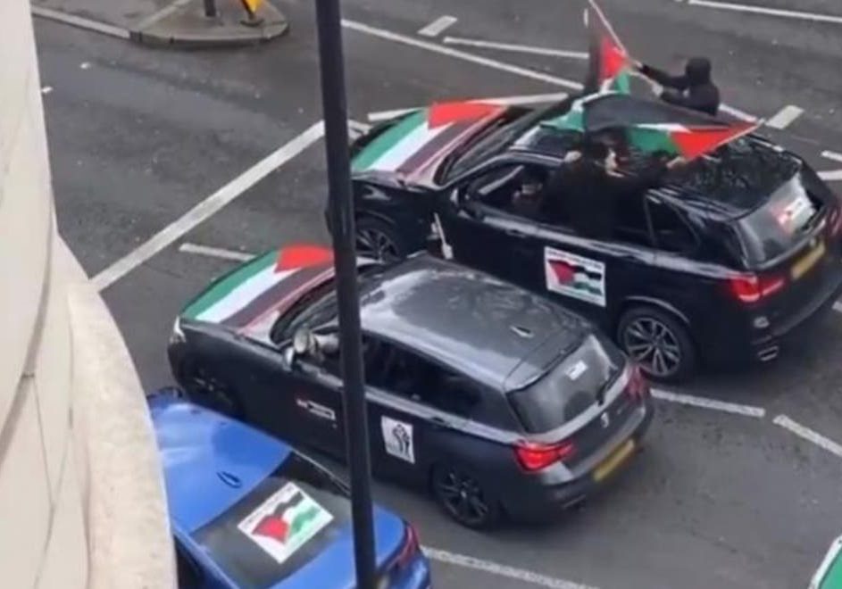 A pro-Palestinian convoy through a Jewish neighbourhood of London on May 16, in which drivers were heard yelling "F*** all of them.... Rape their daughters and we have to send a message like that. Please do it for the poor children in Gaza.” (Photo: Twitter)