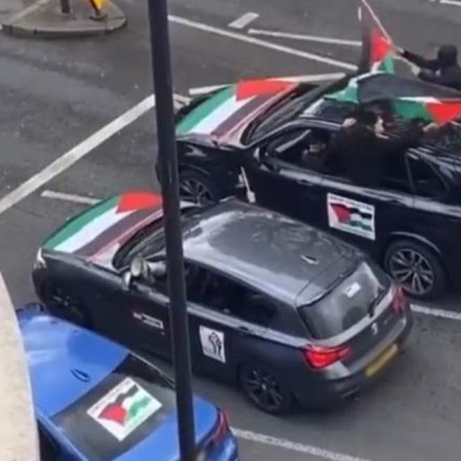 8c8e298f Ce9b 47ca E7b8 C69cb0e2e7e5 A pro-Palestinian convoy through a Jewish neighbourhood of London on May 16, in which drivers were heard yelling "F*** all of them.... Rape their daughters and we have to send a message like that. Please do it for the poor children in Gaza.” (Photo: Twitter)