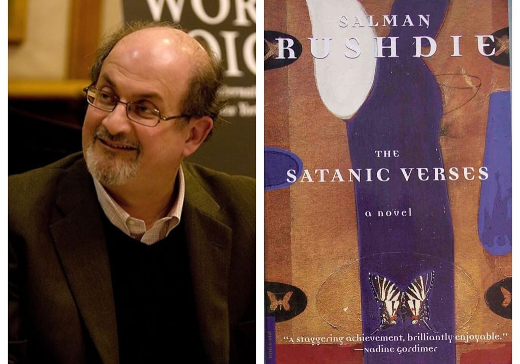 Author Salman Rushdie, stabbed and severely injured last weekend in the US, with the novel The Satanic Verses, which led to an Iranian fatwa demanding his death, and ultimately this attack (Images: Creative Commons)