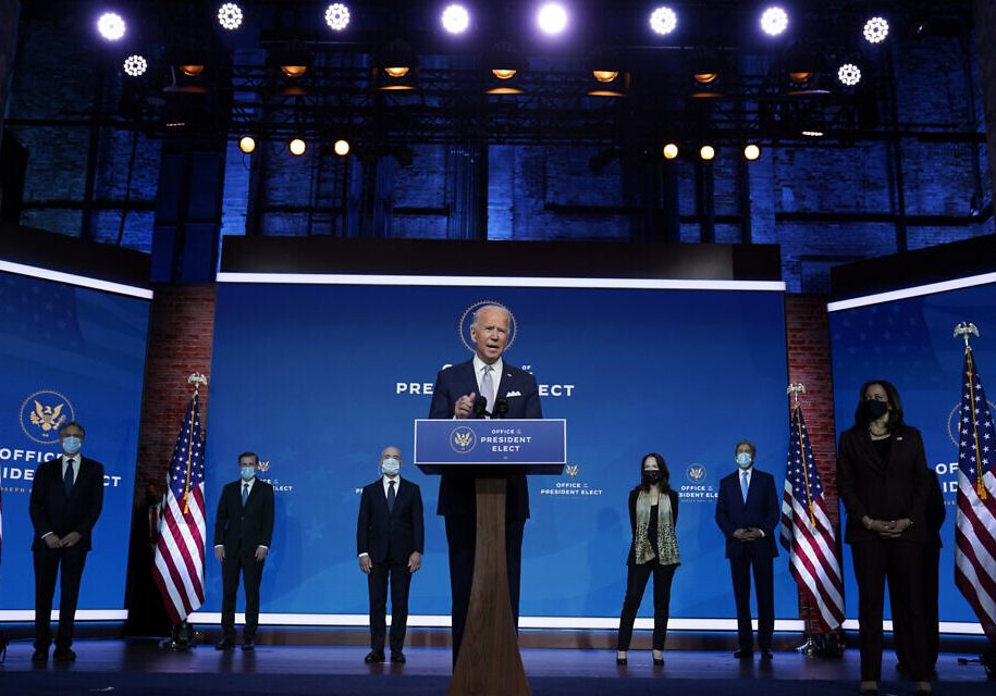 President-elect Joe Biden and Vice President-elect Kamala Harris introduce their nominees and appointees to key national security and foreign policy posts at The Queen theatre, Tuesday, Nov. 24, 2020, in Wilmington, Del. (AP Photo/Carolyn Kaster)