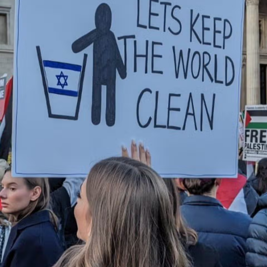 This placard expresses the ultimate purpose of the anti-Zionist movement – a world without the collective Jew (Image: X/Twitter)