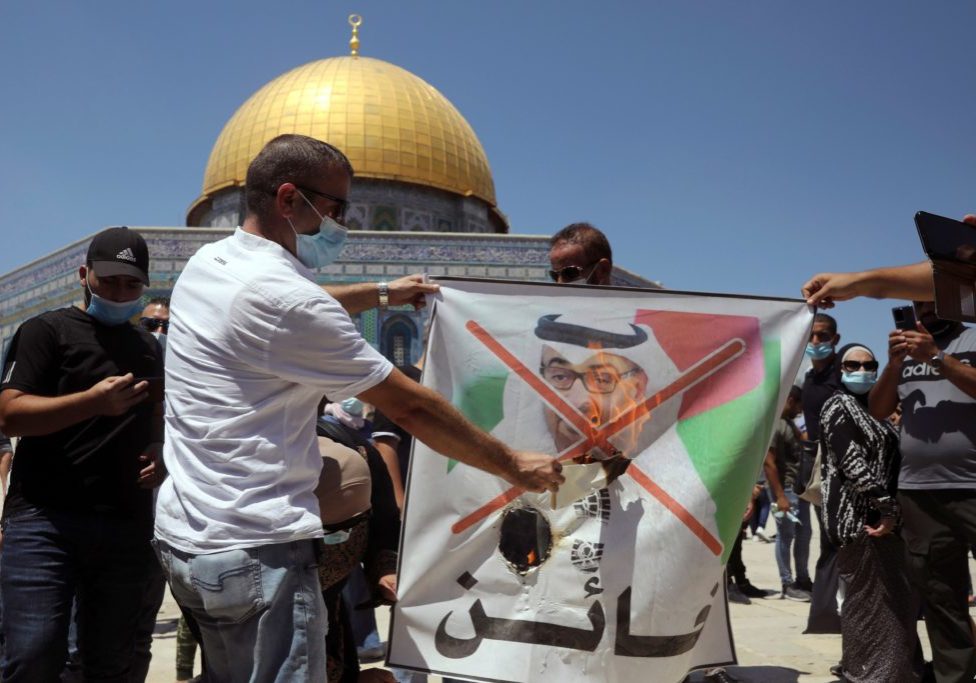 Palestinians demonstrate against the UAE and its de facto leader, Crown Prince Mohammed Bin Zayed, at Jerusalem’s Temple Mount