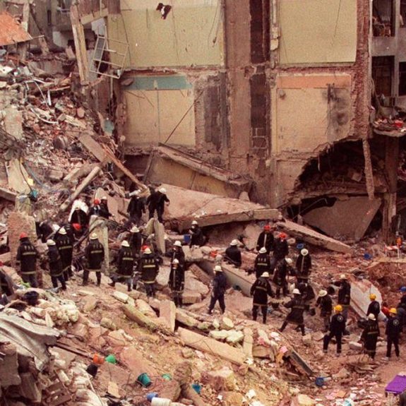 The aftermath of the Iranian-orchestrated truck bomb attack on the AMIA Jewish community centre in July 1994